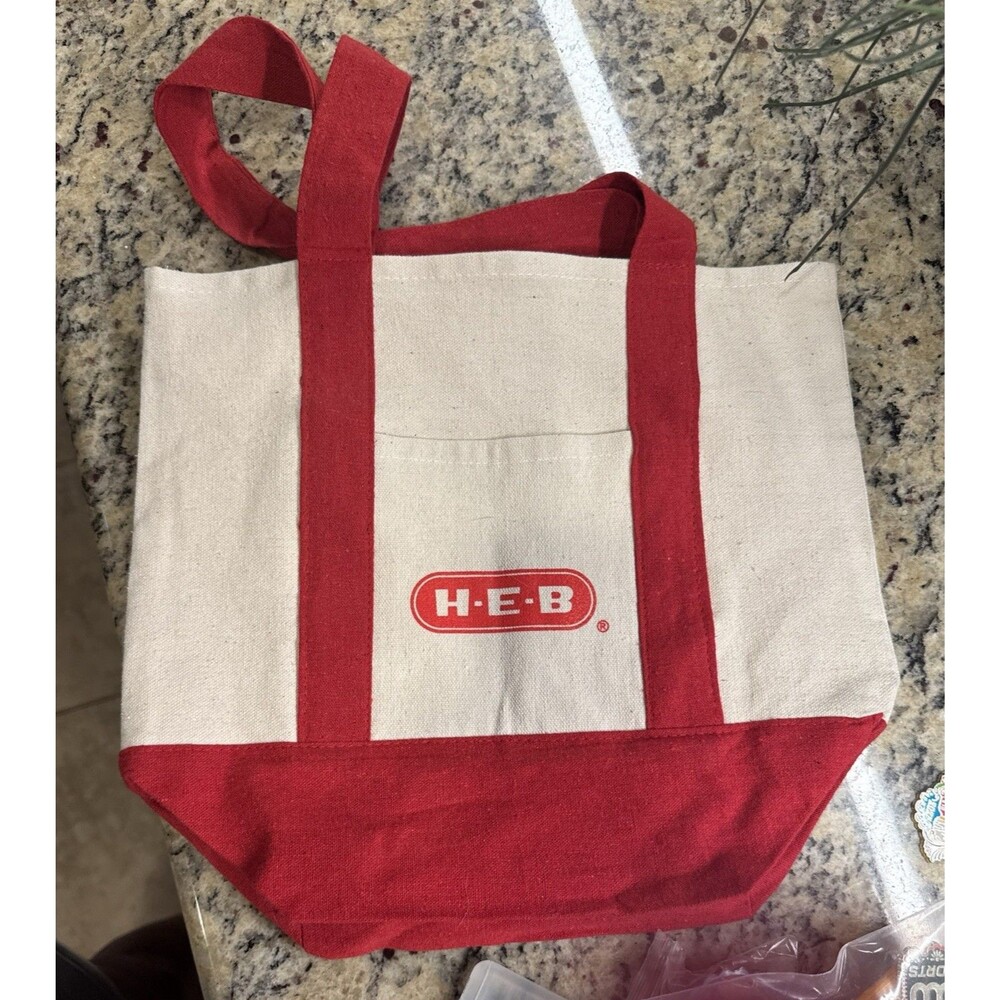 HEB Small Natural Cotton Canvas Tote, Red Accent, Logo, Pocket